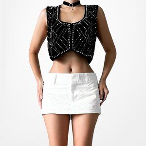 Zara Black Velvet Sleeveless Rhinestone Cropped Top Vest Size XS/S
